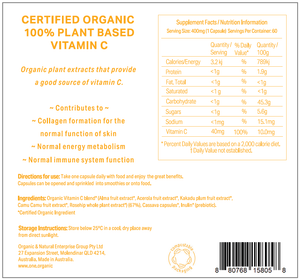 VITAMIN C <br />Certified Organic <br />100% Plant based<br />60 capsules